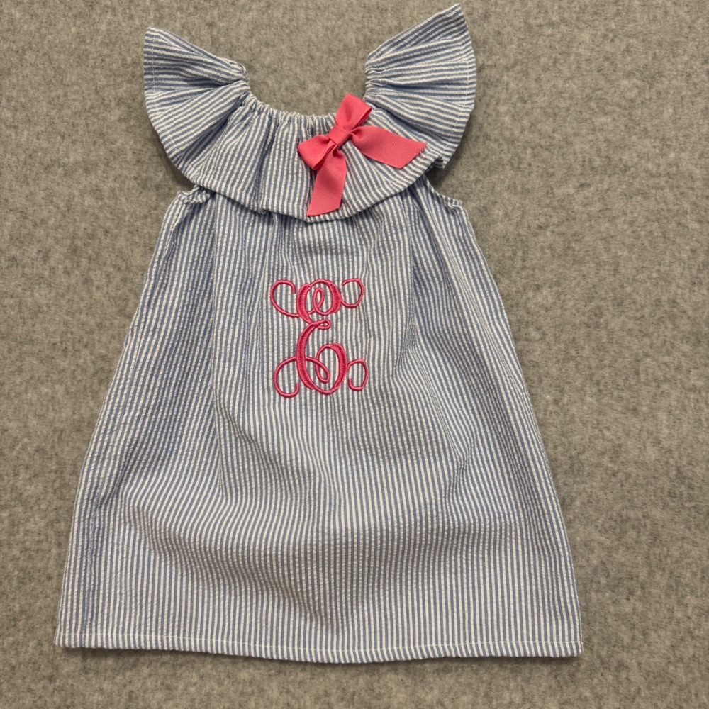Caught Ya Lookin Blue Seersucker Monogram E Ruffle Dress 18 Months USA Made - Picture 1 of 6